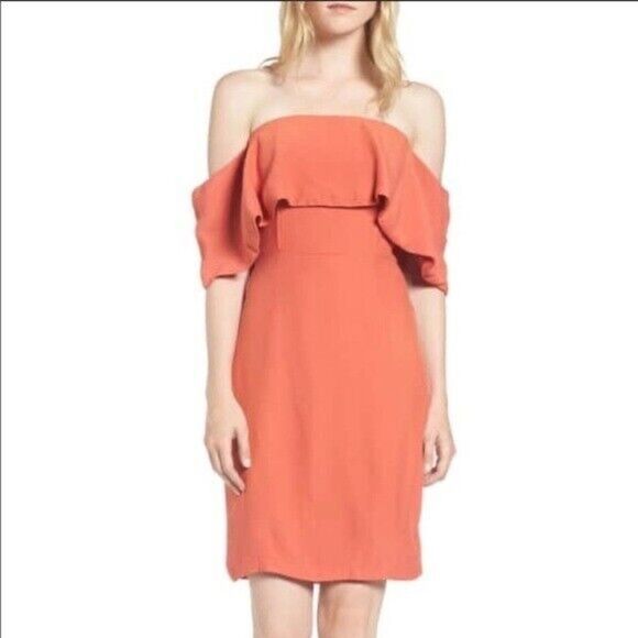 Cupcakes & Cashmere Rudy Crepe Off the Shoulder mini dress persimmon red -6 - Picture 1 of 6